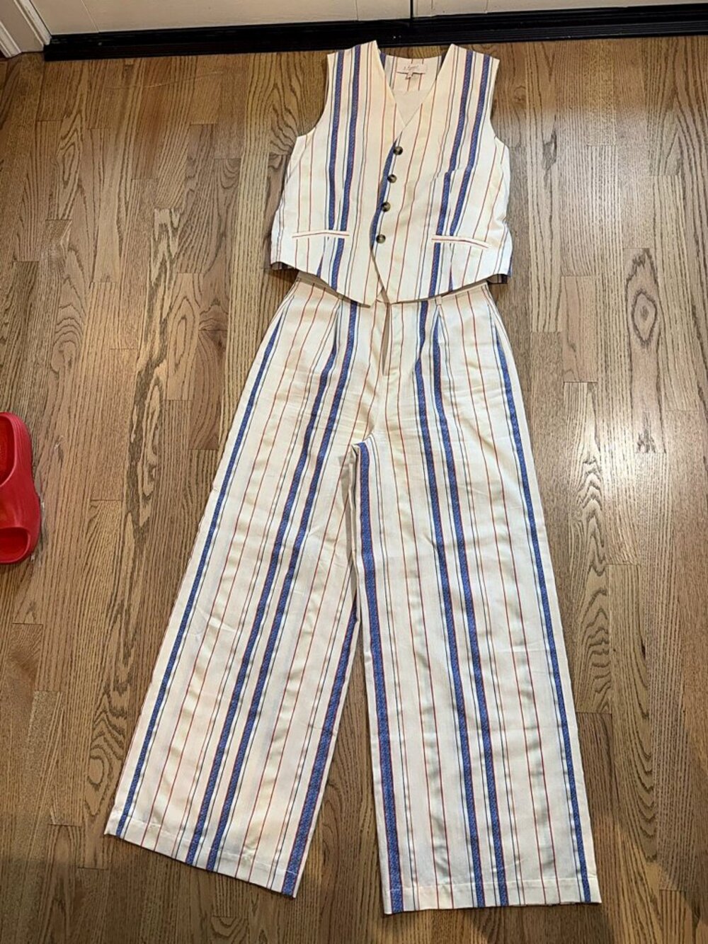 &Layered Striped Vest and Wide Leg Pants Matching Set Cream Blue S